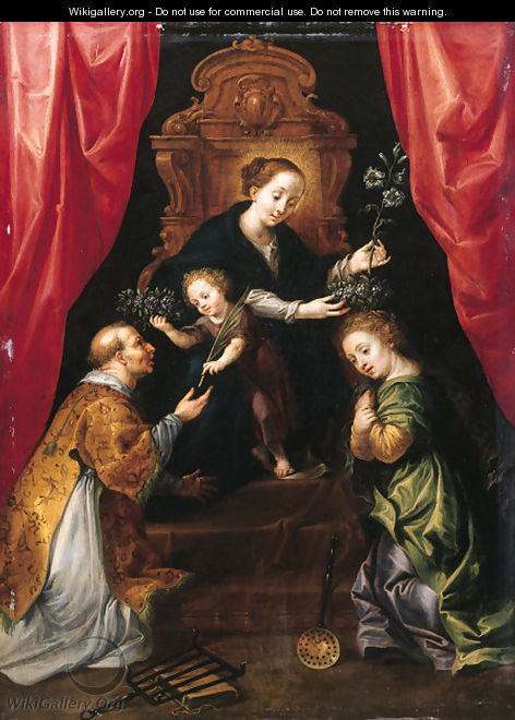 The Madonna and Child enthroned, adored by Saint Lawrence and Saint Martha - Marten Pepijn