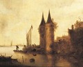 A river estuary with a sailing boat by a fortified town - Maerten Fransz. Van Der Hulft