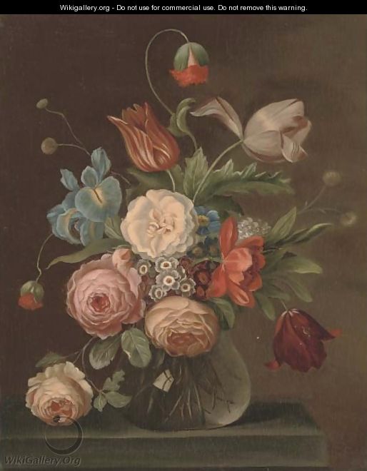 Roses, tulips, and other flowers in a glass vase with a snail and a fly on a ledge - (after) Balthasar Van Der Ast