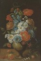 Roses, carnations, daffodils and other flowers in a vase on a ledge - (after) Balthasar Van Der Ast