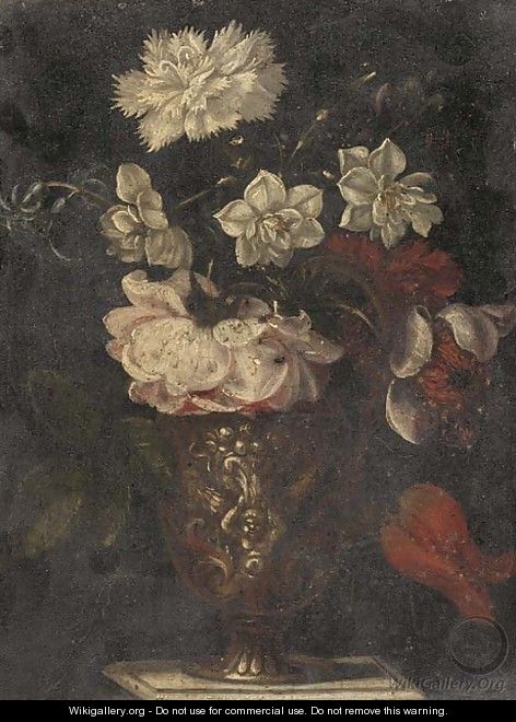 A rose, carnation, narcissi and other flowers in a vase on a table - (after) Balthasar Van Der Ast