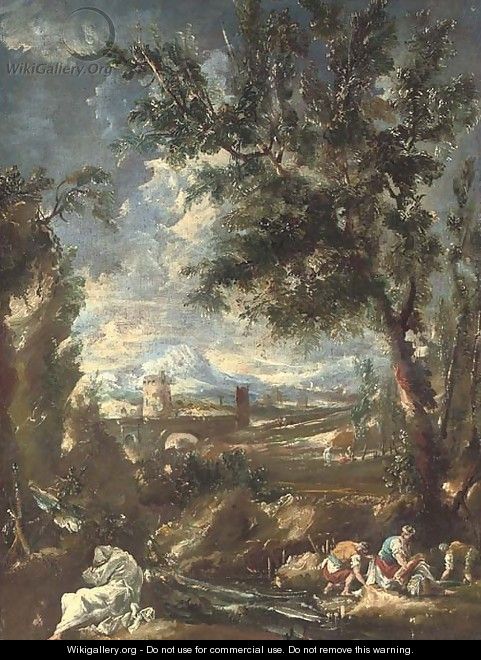 A wooded river landscape with a washerwoman and her two helpers, a monk praying in the foreground - Antonio Francesco Peruzzini