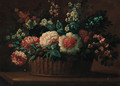 Carnations, roses and other flowers in a basket on a ledge - (after) Anne Vallayer-Coster