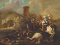 A cavalry battle between Christians and Turks near a fort - (after) Aniello Falcone