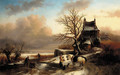 Figures by a cottage in a Dutch winter landscape - (after) Andreas Schelfhout