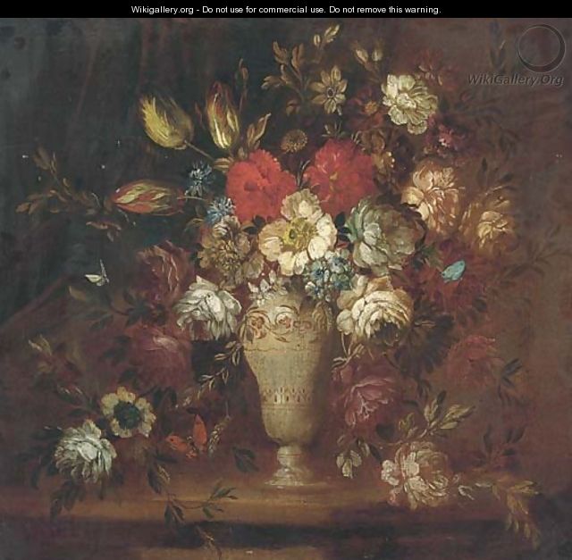 Roses, tulips, and other flowers in a vase with a butterfly on a ledge - (after) Andrea Belvedere