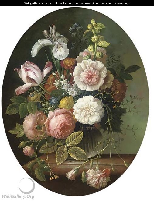 Pink roses, parrot tulip, carnation, iris, and chrysanthemum a glass vase, on a stone ledge - Ambrosius The Younger Bosschaert