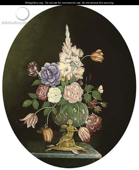 Roses, tulips and gladioli in a glass vase, a bronze figure to the side - Ambrosius The Younger Bosschaert