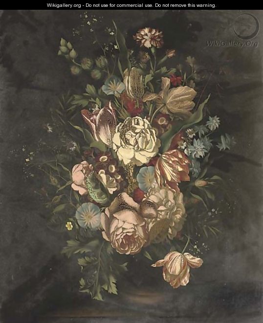 Tulips, roses, carnations, daisies and other flowers in a vase, on a ledge - Ambrosius The Younger Bosschaert