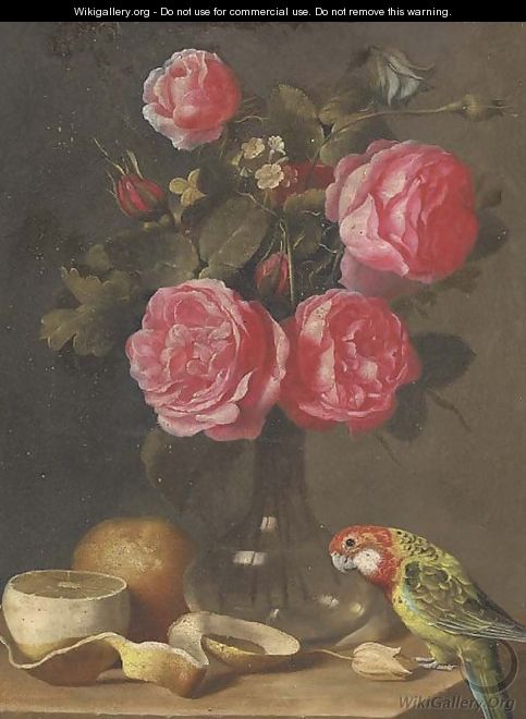 Roses in a glass vase, a partly-peeled lemon and a parrot on a ledge - (after) Ambrosius The Younger Bosschaert