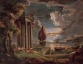 A Mediterranean coastal landscape at twilight with shepherdesses and their goats at rest by classical ruins, shipping beyond - Claude Lorrain (Gellee)