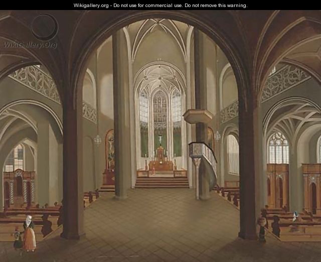 The interior of a Gothic church with figures by the pews - (after) Christian Stocklin