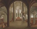 The interior of a Gothic church with figures by the pews - (after) Christian Stocklin