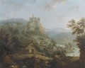 An extensive mountain river landscape with a bridge and peasants in a village by a river, a castle in the distance - (after) Christian Cornelis Schutz