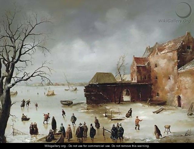Figures on a frozen lake - (after) Charles Henri Joseph Leickert