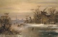 Skaters and a horse-drawn sledge on a frozen river - (after) Charles Henri Joseph Leickert