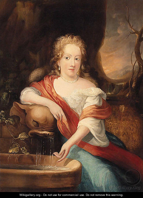 Portrait Of A Lady, Seated Small Three-Quarter-Length, By A Fountain - (after) Casper Netscher