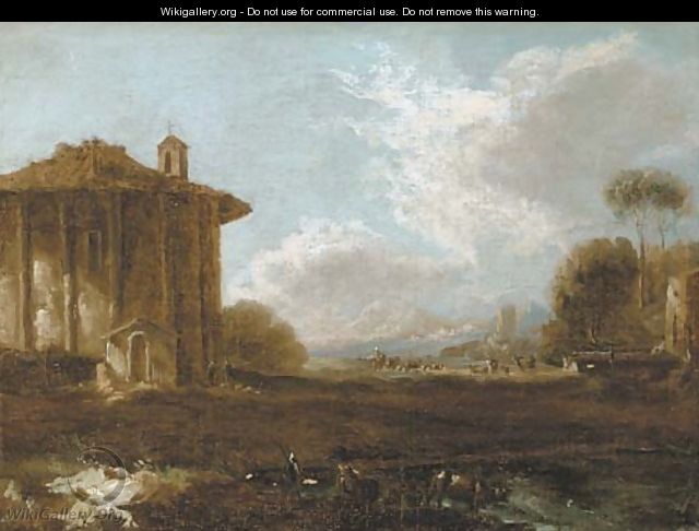 An Italianate landscape with figures strolling near a ruin of a classical temple - (after) Carlo Antonio Tavella