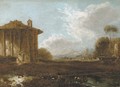 An Italianate landscape with figures strolling near a ruin of a classical temple - (after) Carlo Antonio Tavella