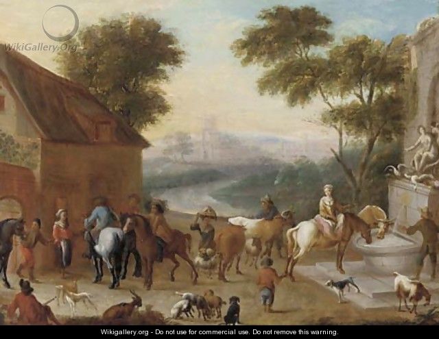 A hunting party halted before an inn - (after) Carel Van Falens Or Valens