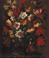Tulips, daffodils, roses, carnations and other flowers in a vase, on a stone ledge - (after) Bartolome Perez