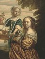 Double portrait of two girls, the elder kneeling, in a yellow silk dress with a dog in her lap, the younger standing - (after) Bartholomeus Van Der Helst