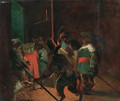 A singerie monkeys dressed as soldiers arresting a cat - (after) David The Younger Teniers