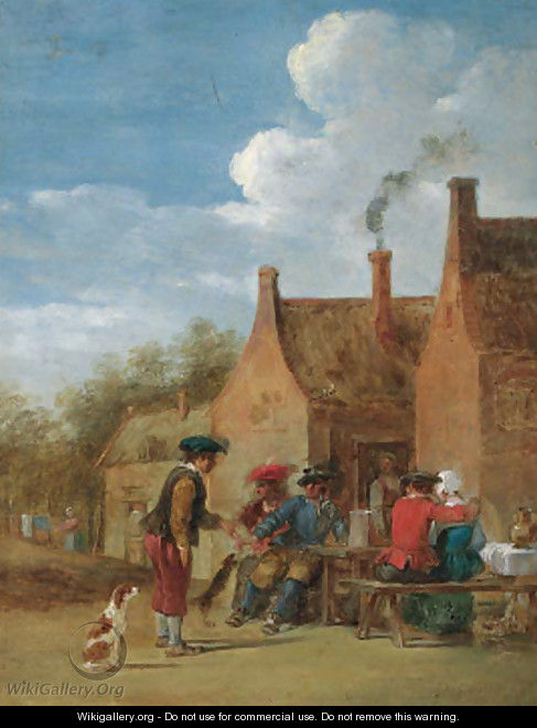 A peasant couple and travellers at table outside an inn - (after) David The Younger Teniers