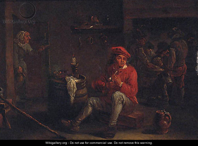 A man smoking a pipe in an inn with card players beyond - (after) David The Younger Teniers