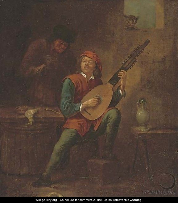 A man playing a lute in an interior - (after) David The Younger Teniers