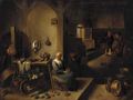A kitchen interior with a lady seated at a table and boors around a fire beyond - (after) David The Younger Teniers
