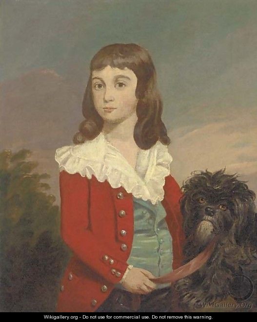 Portrait of a boy, half-length, in a red jacket, a dog by his side - (after) Daniel Gardner