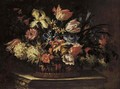 Tulips, irises, daffodils, poppies and other flowers in a basket on a plinth - Cornelis Kick