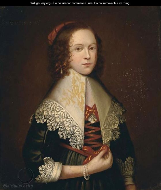 Portrait of a lady, half-length, in a green silk dress with a white lace collar and cuffs, wearing a pearl bracelet - Cornelius Janssens van Ceulen