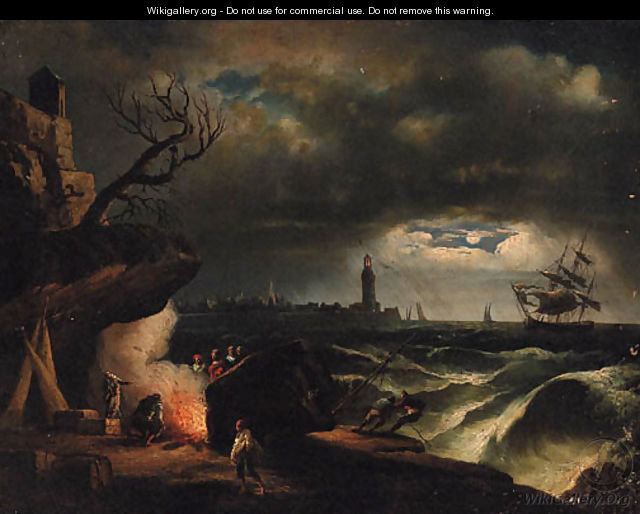 A moonlit coastline with a yacht in a storm near a lighthouse and fisherfolk around a fire in the foreground - (after) Claude-Joseph Vernet