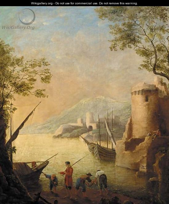 A harbour at sunset with fishermen by the shore - Claude Lorrain (Gellee)