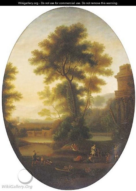 A classical landscape with wine makers and other figures by ruins, in a feigned oval - Claude Lorrain (Gellee)