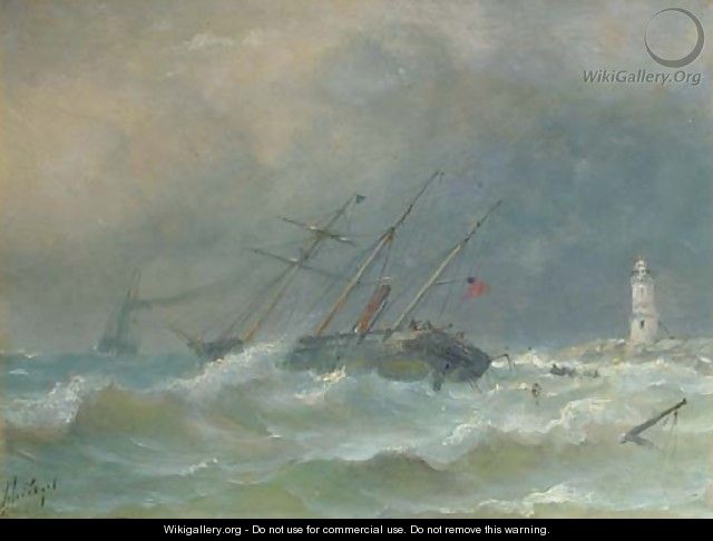 A three-master in distress near a coast - Petrus Paulus Schiedges