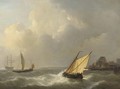 Sailing vessels off the coast on choppy waters - Petrus Jan Schotel
