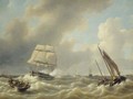 A three-master on a choppy sea - Petrus Jan Schotel