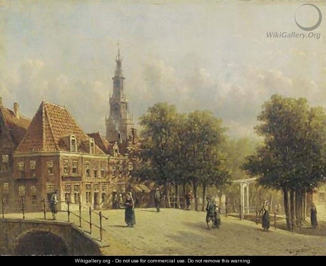 Townsfolk strolling on a bridge with a churchtower in the distance - Pieter Gerard Vertin