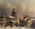 Townsfolk conversing on a snow-covered square in a city - Pieter Gerard Vertin