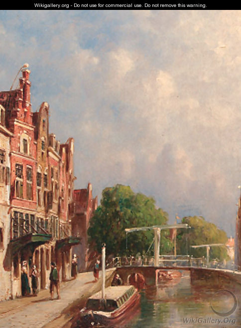 Figures on a sunlit quay with drawbridges over a canal - Pieter Gerard Vertin