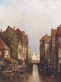 Figures by a canal in a Dutch town - Pieter Gerard Vertin