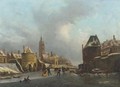 Winterfun on a frozen canal by the Oosterpoort, Delft - Petrus Augustus Beretta