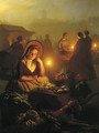 A girl selling vegetables at the night-market with the Dam Palace and the Nieuwe Kerk in the distance, Amsterdam - Petrus Van Schendel