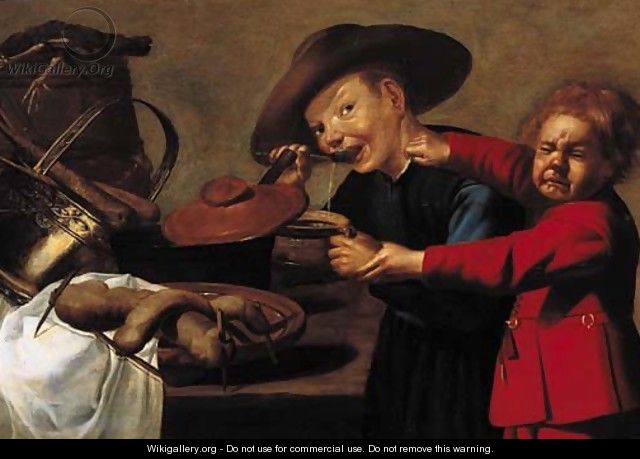 Boys quarrelling over a bowl of soup in a kitchen - Petrus Staverenus