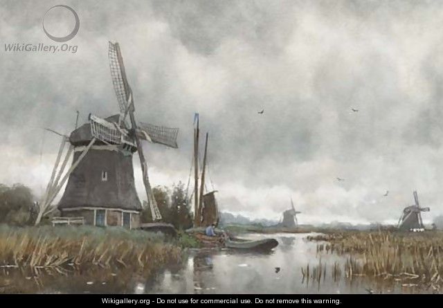 Windmill in a polderlandscape - Petrus Paulus Schiedges