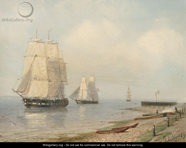 Sailingvessels along a shore - Petrus Paulus Schiedges