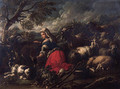 A milkmaid with goats, sheep and a dog, in an Italianate landscape - Philipp Peter Roos